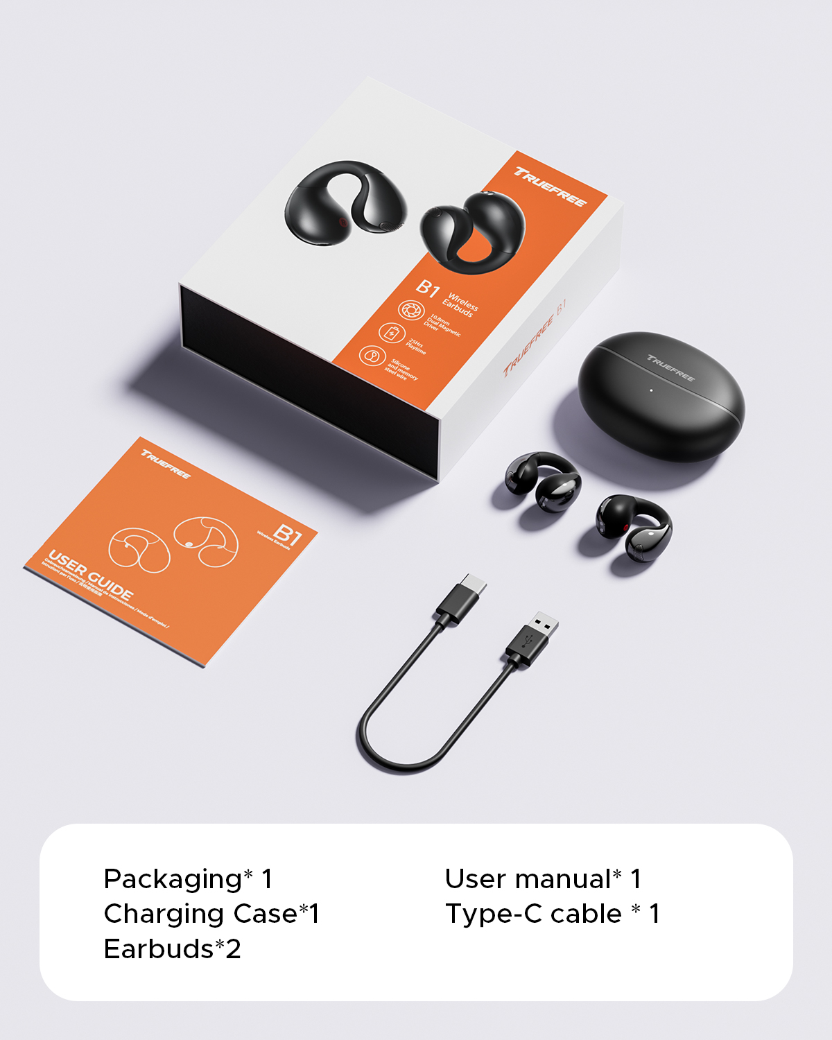 Truefree B1 Open Ear Headphones, Comfort Open Ear Clip Bluetooth Earbuds, 5.4 Wireless Earbuds with Spatial Sounds, Stable Fit, 25H Playtime, Multipoint Connection, App Control, Workout Black