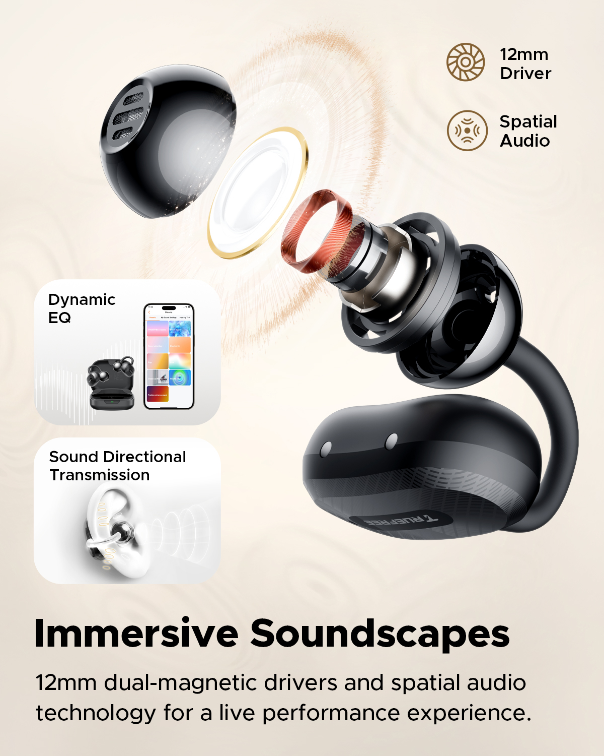 Truefree C10 Clip-On Wireless Earbuds, Open-Ear Earphones, Bluetooth 5.4, 12mm Driver with Spatial Sound, 28H Playtime, IPX5 Water-Resistant, AI-ENC Clear Calls, Dual Connection, App Customizable