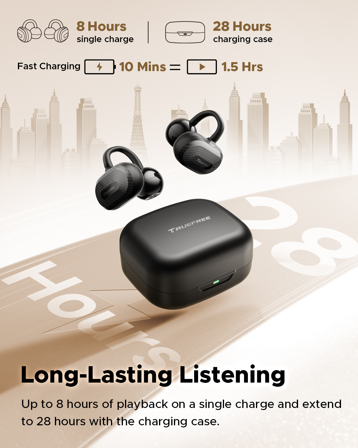 Truefree C10 Clip-On Wireless Earbuds, Open-Ear Earphones, Bluetooth 5.4, 12mm Driver with Spatial Sound, 28H Playtime, IPX5 Water-Resistant, AI-ENC Clear Calls, Dual Connection, App Customizable