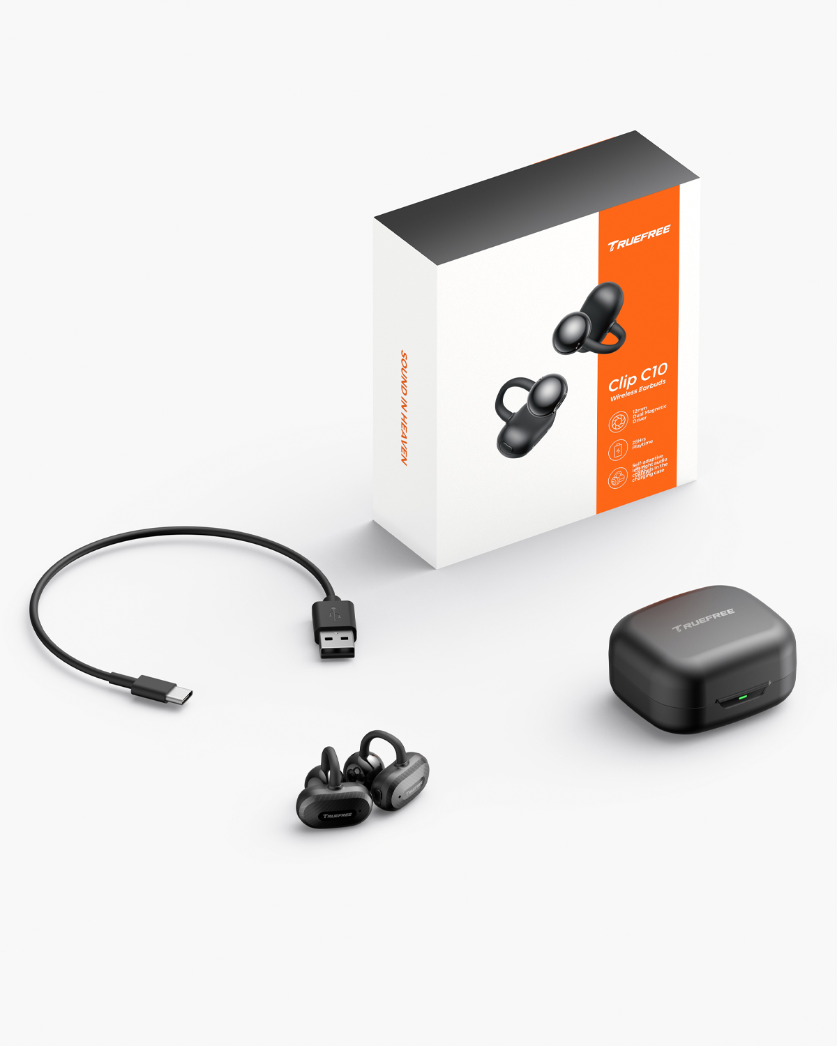 Truefree C10 Clip-On Wireless Earbuds, Open-Ear Earphones, Bluetooth 5.4, 12mm Driver with Spatial Sound, 28H Playtime, IPX5 Water-Resistant, AI-ENC Clear Calls, Dual Connection, App Customizable