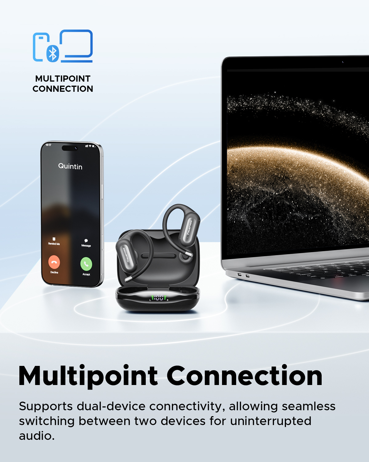 Truefree DS1 Open-Ear Headphones, Bluetooth 6.0 Wireless Earbuds with Ear Hooks, Spatial Sound, 4 Mics Clear Calls, 40H Playtime, Fast Charging, Multipoint Connection, IPX5-Rated for Sports, Snug Fit