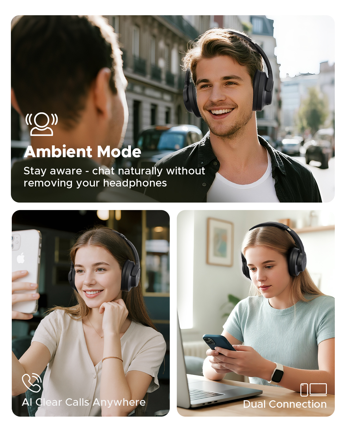 TRUEFREE Over Ear Wireless Headphones, Bluetooth 6.0 Hybrid Active Noise Cancelling Headphones, 125H Playtime, 40mm Driver, Deep Bass, Transparency Mode, Multipoint Connection & App Customize EQ
