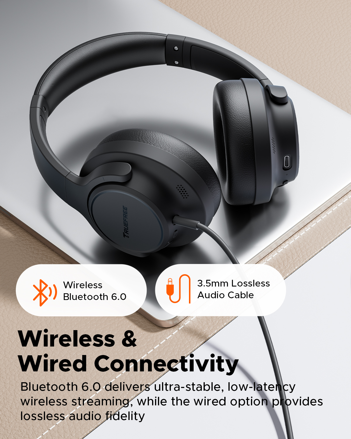 TRUEFREE Over Ear Wireless Headphones, Bluetooth 6.0 Hybrid Active Noise Cancelling Headphones, 125H Playtime, 40mm Driver, Deep Bass, Transparency Mode, Multipoint Connection & App Customize EQ